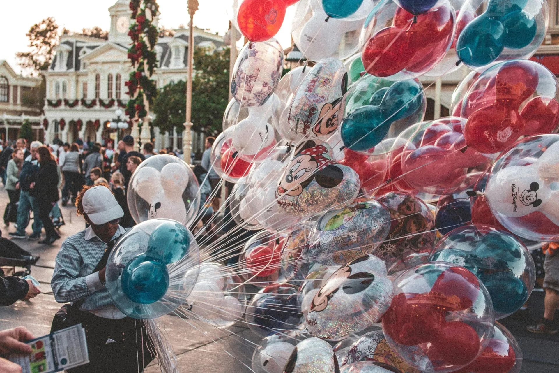 Bunches of colorful balloons at a theme park